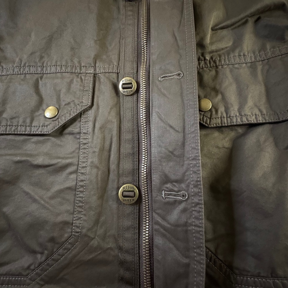 Kuhl Mens Hooded Field Jacket Brown Waxed Cotton Blend Utility Workwear Coat L - Picture 4 of 16